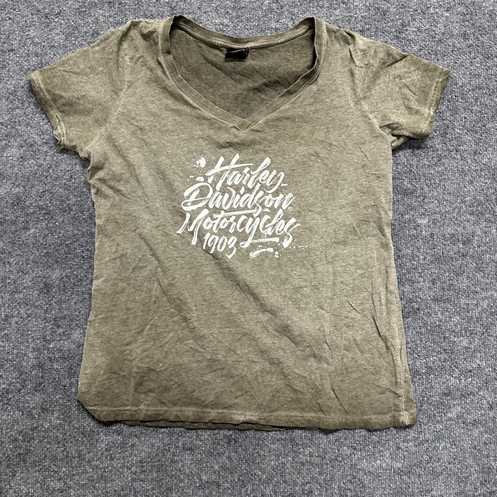 Harley-Davidson T-Shirt Womens Size L Olive Viscose Blend Pikes Graphic V-Neck